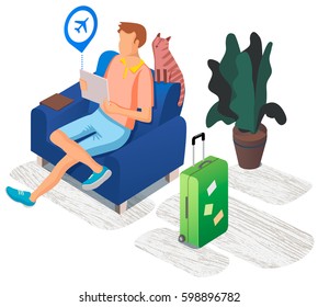 Teenager, student, sits in a comfortable armchair with a cat and looking for a flight on a plane in a gadget, hi tech technology, mobile phones. Trendy Isometric people