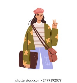 Teenager student wearing fashionable and modern clothes gesturing showing victory sign. Isolated college or university pupil with books and bag. Vector illustration in flat cartoon style