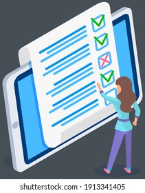 Teenager studying questionnaire. Female character checks and grades exam on tablet screen. Woman touching sheet of paper with answers. Character stands near big checklist. Girl stands and studies form