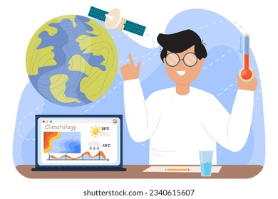 A teenager is studying the science of climate. Climotic changes. Climatology. Global sinking. Forest fires.