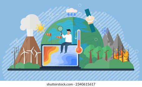 A teenager is studying the science of climate. Climotic changes. Climatology. Global sinking. Forest fires.