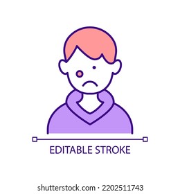 Teenager Suffering From Acne RGB Color Icon. Puberty Pimples. Hormonal Changes In Teens. Blackheads On Face. Isolated Vector Illustration. Simple Filled Line Drawing. Editable Stroke. Arial Font Used