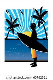 a teenager surfer with palm tree in the background and blue rays