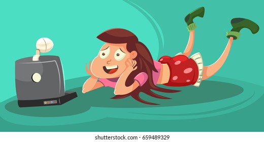 Teenager talking on the network. Vector cartoon illustration of a young girl with laptop and webcam.