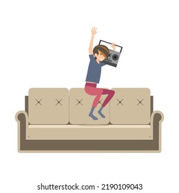 Teenager in tape recorder in his hands listens to music and jumps on sofa. Flat vector isolated on white background