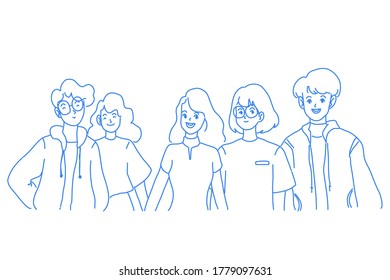 Teenager teamwork character design of vector. Doodle illustration style.