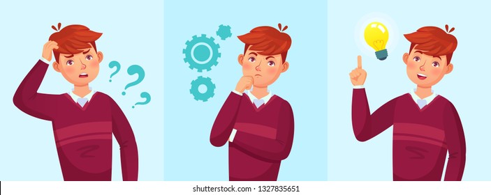 Teenager Think. Thoughtful Student, Teen Boy Idea Or University Students Guy Solved Question. Thinking Teenager Solution, Studying Adolescent Guy Vector Cartoon Illustration