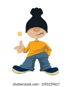 A teenager tosses a coin. Illustration, vector.