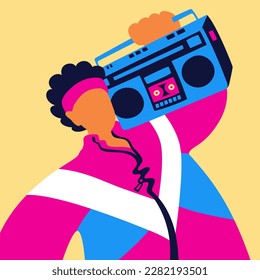 Teenager in a tracksuit standing with a tape recorder on his shoulder, cartoon character design. Colorful flat vector illustration in retro 80s style