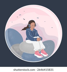 O adolescente está preso em uma bola transparente de vidro com seus problemas e preocupações. Menina sentada sozinha em pedras frias e chorando. Símbolo de solidão, solidão, desapego. Oportunidade retirar-se para si mesmo