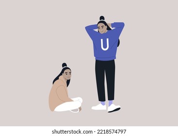 Teenager twin sisters spending time together, students having a break