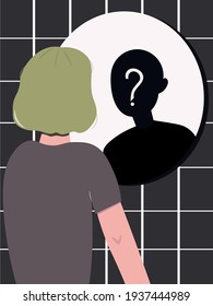 A Teenager Of Undetermined Gender Looks In The Mirror, But Does Not See His Own Reflection. Search For Yourself, An Attempt To Determine Your Gender. Teenage Problems. Self-rejection. Who Am I?