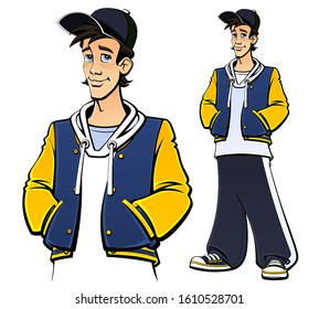 Teenager in a university jacket, hoodie, sweatpants, sneakers and a baseball cap. Full length, hands in pockets. Comic book style.