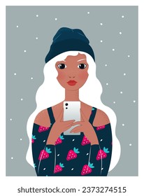 Adolescente usando su smartphone. Dibujo vectorial.