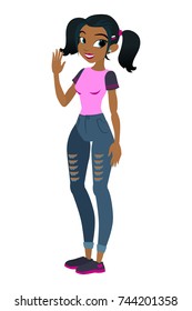 Teenager vector African American girl with black hair. Character . Isolated against white background. Build your own design. Cartoon flat-style vector illustration.