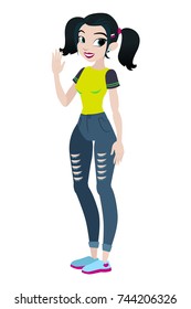 Teenager vector girl with black hair. Character . Isolated against white background. Build your own design. Cartoon flat-style vector illustration.