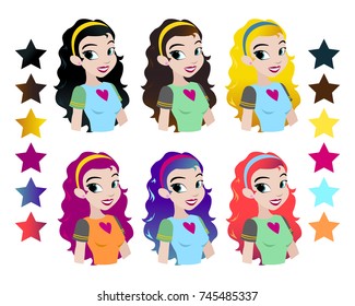 Teenager vectors girls head with different color hair. Character . Isolated against white background. Build your own design. Cartoon flat-style vector illustration.