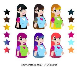 Teenager vectors girls head with different color hair. Character . Isolated against white background. Build your own design. Cartoon flat-style vector illustration.