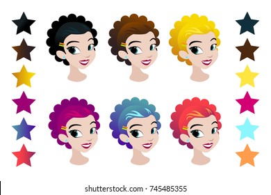 Teenager vectors girls head with different color hair. Character . Isolated against white background. Build your own design. Cartoon flat-style vector illustration.