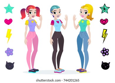 Teenager vectors girls with yellow, red and blue hair. Character . Isolated against white background. Build your own design. Cartoon flat-style vector illustration.