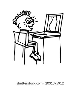 A teenager is viewing prohibited content on a computer screen. A hand-drawn cute character. Sketch. Vector doodle illustration