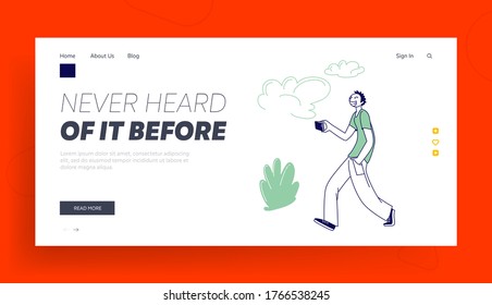 Teenager Virtual Bullying, Harassment Landing Page Template. Young Male Character with Angry Grinning Face Record Video on Phone Outdoor to Publish in Social Media Networks. Linear Vector Illustration
