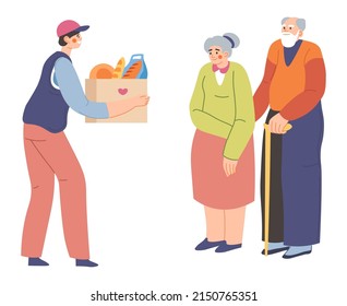 Teenager volunteering and helping senior people with products and supplies. Male character with basket of food giving to grandmother and grandfather. Boy with bread from bakery. Vector in flat style