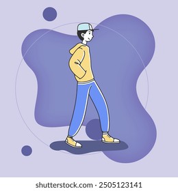 Teenager walking along street flat vector illustration. Boy in hoody and cap. Lifestyle, youth, fashion, teenage concept