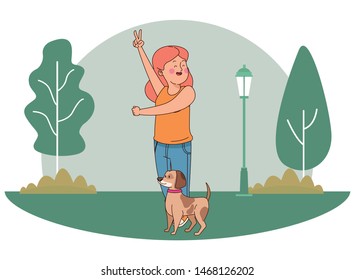 Teenager walking the dog and doing peace hand sign in the park, outdoors scenery background vector illustration graphic design.