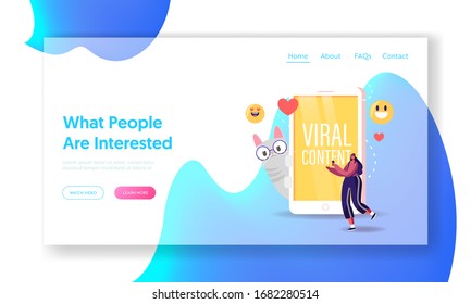 Teenager Watching Funny Viral Video Clip Landing Page Template. Tiny Female Character with Smartphone Walk near Huge Mobile Phone with Cute Cat, Smiles Emoji and Heart. Cartoon Vector Illustration
