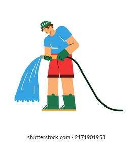 Teenager Watering With Hose, Farming And Gardening Concepts - Flat Vector Illustration Isolated On White Background. Young Man Working In The Garden.