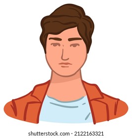 Teenager Wearing Comfortable And Stylish Clothes, Isolated Man With Shirt And Fancy Hairstyle. Portrait Of Guy, Personage Avatar For Social Media Or Photography With Serious Face. Vector In Flat