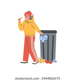 A teenager wearing headphones recklessly throws trash past a trash can. Vector scene of improper behavior and bad manners. A bad person is a good person. Isolated illustration.