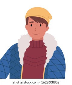 Teenager wearing winter clothes and smiling. Isolated character in knitted hat and sweater with warm jacket. Cute personage looking aside. Male character with furry coat standing outdoors vector