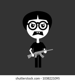 Teenager With Weird Haircut And Glasses Is Holding Gun - Dangerous Young Shooter, Terrorist And Killer Is Armed For Shooting And Killing By Weapon. Vector Illustration