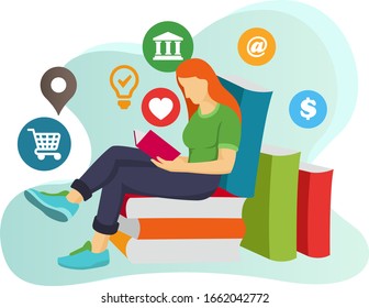 A teenager who is reading a book in which there is a variety of knowledge that can be obtained. Templates for landing pages, mobile apps and more
