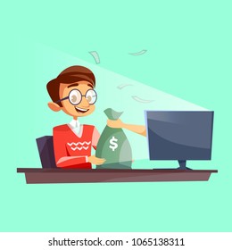 Teenager winning money in internet vector cartoon flat illustration. Young boy happy receiving dollars money bag from internet online casino lucky win fortune or giving money to rogue thief hand