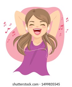 Teenager woman cheerful listening to music with white earphones