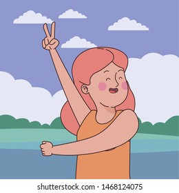 Teenager woman greeting and smiling with cool hand sign in the nature outdoors scenery ,vector illustration graphic design.