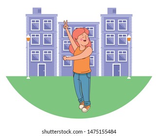 Teenager woman greeting and smiling with cool hand sign in the city, urban scenery background vector illustration graphic design.