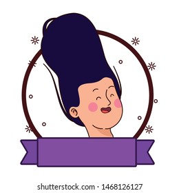 Teenager woman smiling face cartoon on round icon with blank ribbon banner vector illustration graphic design.