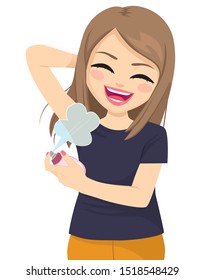 Teenager woman spraying her armpit using cologne