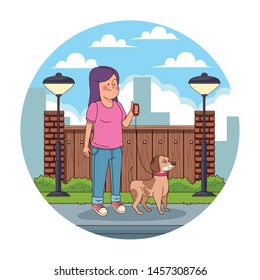 Teenager woman walking dog pet in the street cartoon round icon ,vector illustration graphic design.