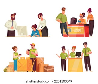 Teenager work compositions set with personal assistant cashier and salesperson cartoon isolated vector illustration