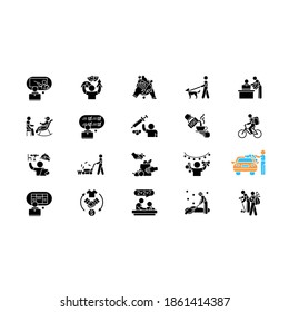 Teenager work experience black glyph icons set on white space. Barista. Golf caddy. Camp counselor. Car washer. Dog walker. Reseller. Dishwasher. Silhouette symbols. Vector isolated illustration