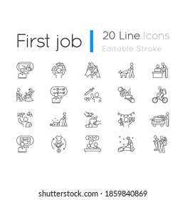 Teenager work experience linear icons set. Barista. Golf caddy. Camp counselor. Car washer. Dog walker. Customizable thin line contour symbols. Isolated vector outline illustrations. Editable stroke