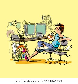 A teenager at work laughs at rebukes and attacks of his angry colleges. Lazy teen at work.