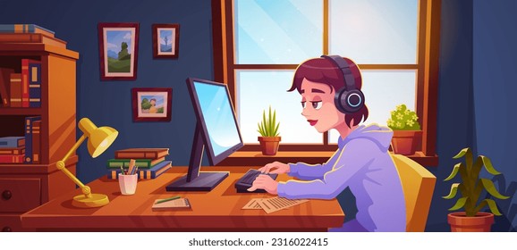 Teenager working on desktop computer at home. Vector cartoon illustration of teen girl studying in headphones, typing on keyboard, note papers scattered on desk, bookshelf and framed pictures on wall