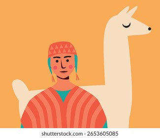 Adolescente ou jovem BIPOC homem com lhama ou alpaca, ilustração de stock de vetor plano com pessoa tradicional sul-americana para sstkTravel