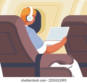 Teenager or young man working on laptop, personage listening to music or watching films during flight. Traveling by air, aircraft with comfortable soft seats and interior. Vector in flat style